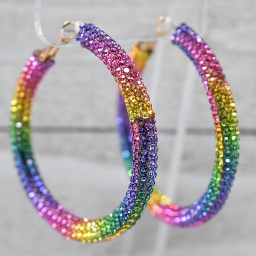 2.25" Boho Multicolor Pave Rhinestone Hoop Earring